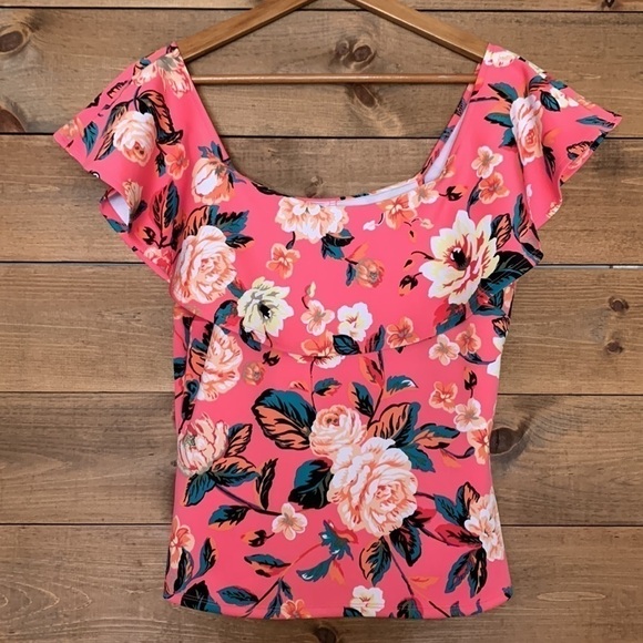 BOLD Elements spring pink floral off-the-shoulder ruffle top - Picture 3 of 6